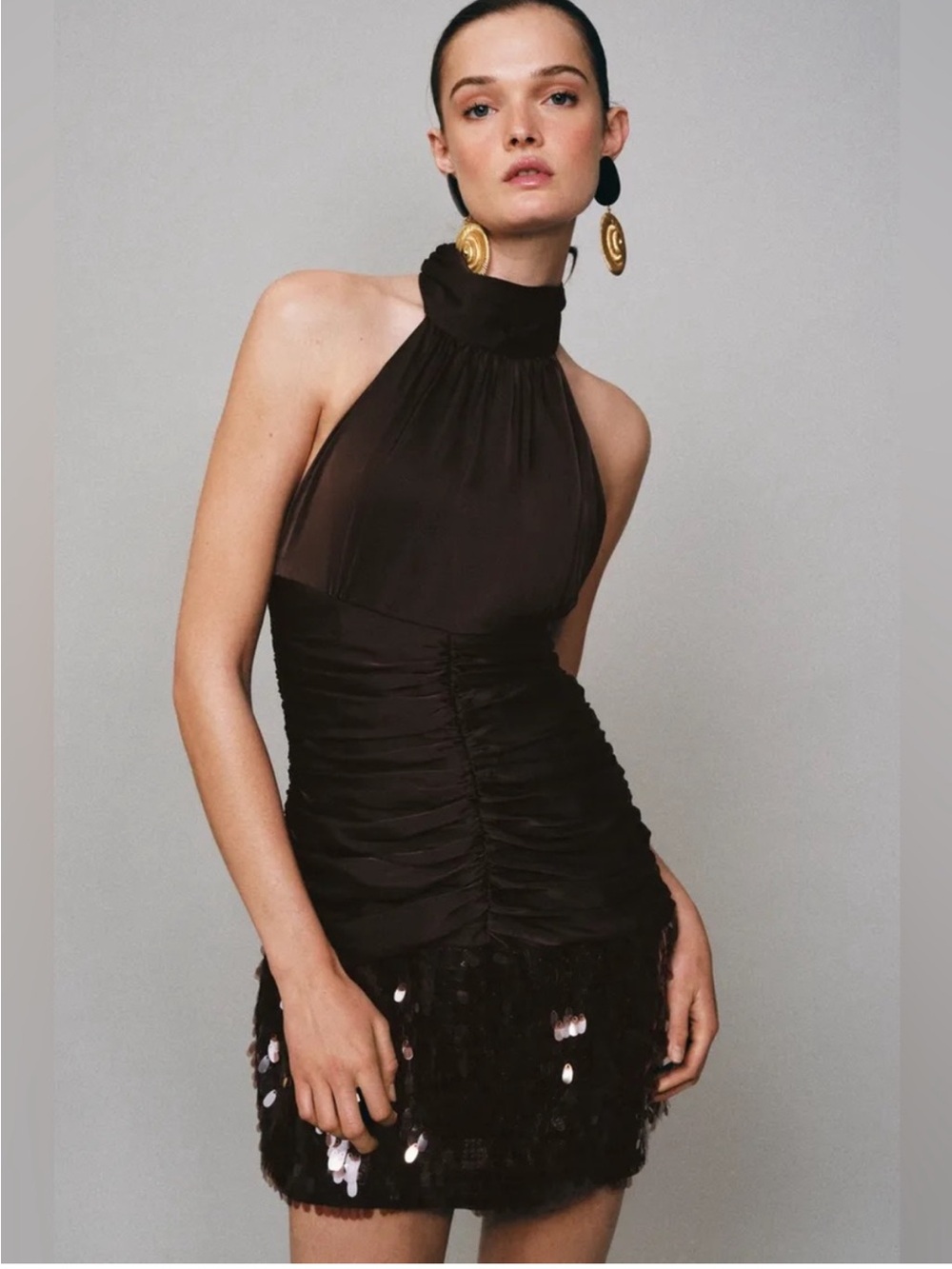 ZARA Ruched Sequin Halter Mini Dress Small NWT Brown Open Back Tie Sash